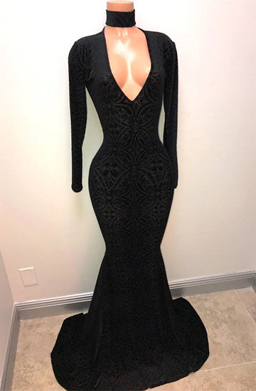 Black Lace Sexy V neck Mermaid Long Sleeve Evening Gowns REALS141