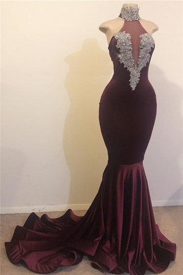Dark Burgundy Mermaid High Neck Sexy Evening Gowns REALS143