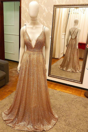 Plunging V neck Golden Sparkle Evening Party Gowns REALS145