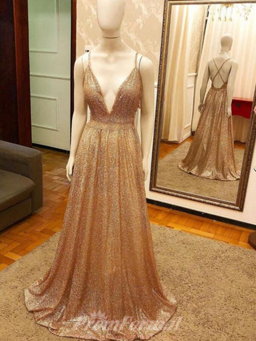Plunging V neck Golden Sparkle Evening Party Gowns REALS145