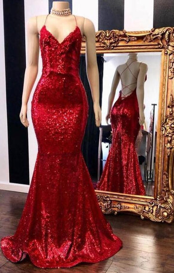 Red Sexy V neck Straps Sequins Mermaid Long Prom Dress REALS146