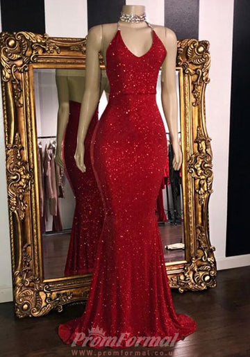Red Mermaid V neck Halter Prom Dress REALS148