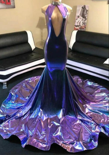 Sexy Sparkle Purple Halter Mermaid Evening Dress REALS150