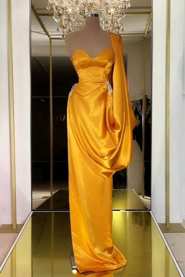 Yellow Gold One Shoulder Long Evening Dress REALS153