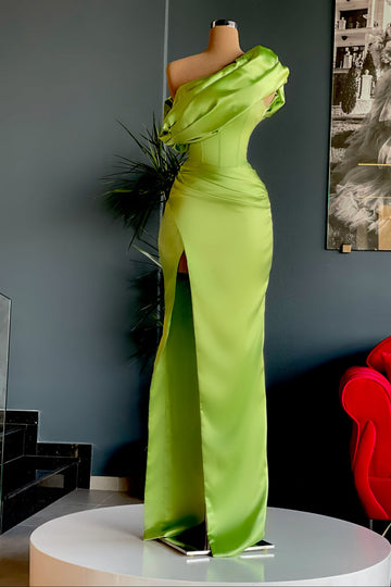 One Shoulder Green Evening Dress With Split REALS155