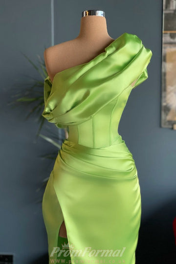 One Shoulder Green Evening Dress With Split REALS155