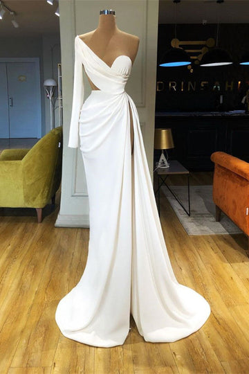 White Sexy High Split Long Sleeve One Shoulder Evening Dress REALS165
