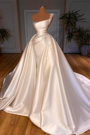 Ivory White One Shoulder Pearl Evening Dress REALS169