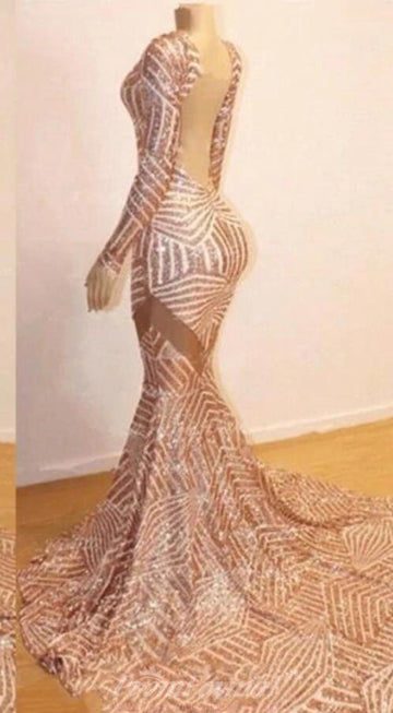 Mermaid Champagne V neck Sequined Evening Dress REALS171