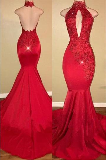 Red Halter Mermaid Sexy Evening Gowns REALS173