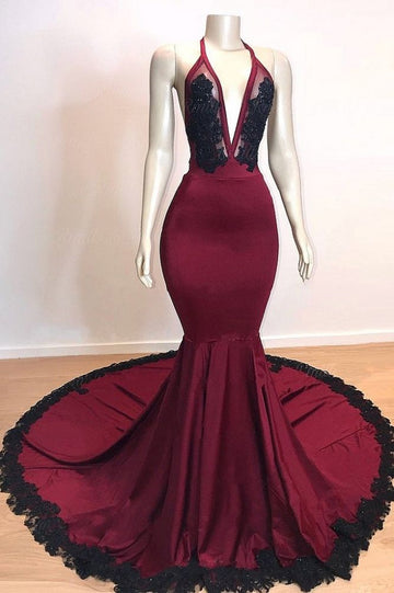 Black Burgundy V neck Halter Mermaid Evening Dress REALS174