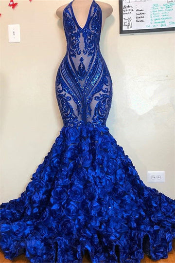 Royal Blue V neck Halter Sequins Pattern Floral Evening Dress REALS175