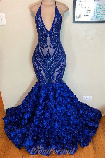 Royal Blue V neck Halter Sequins Pattern Floral Evening Dress REALS175