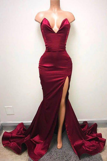 Sweetheart Burgundy Front-split Sexy Evening Party Gowns REALS176