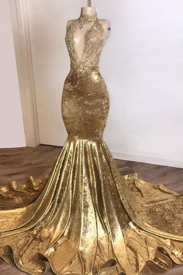 Shinning Gold Deep V neck Mermaid Evening Dress REALS177