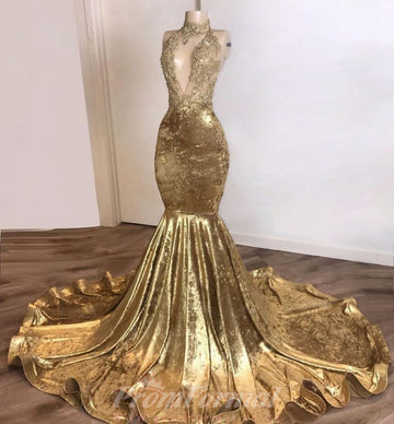 Shinning Gold Deep V neck Mermaid Evening Dress REALS177