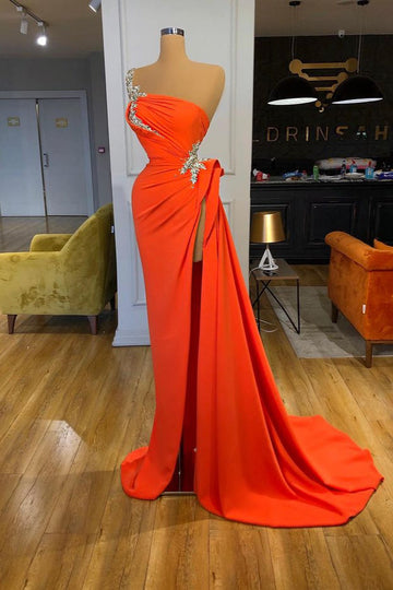 One shoulder Orange Red Sexy High Split Evening Dress REALS196