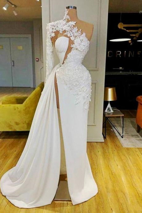 Ivory White One Shoulder Sexy High Split Long Sleeve Evening Dress REA