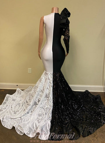 Half Black White One Shoulder Long Sleeve Mermaid Evening Dress REALS202