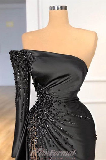 Black Long Sleeve One Shoulder Sexy Evening Dress REALS211