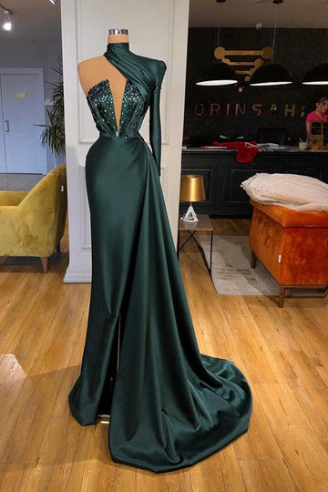 Dark Green High Neck One Shoulder Long Sleeve Sexy Mermaid Evening Gowns REALS218
