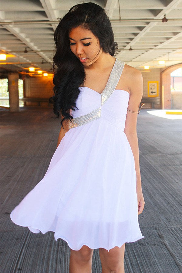 short white dress one shoulder one shoulder white dress short White One Shoulder Short Prom Dress SHORT009