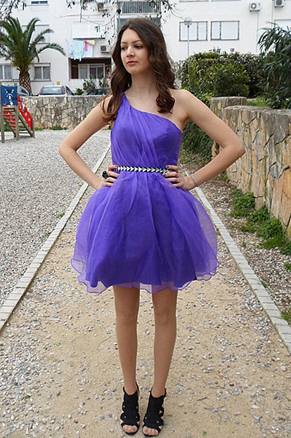 Purple Formal Dresses For Short Girls Purple Juniors One Shoulder Short Prom Dress SHORT011
