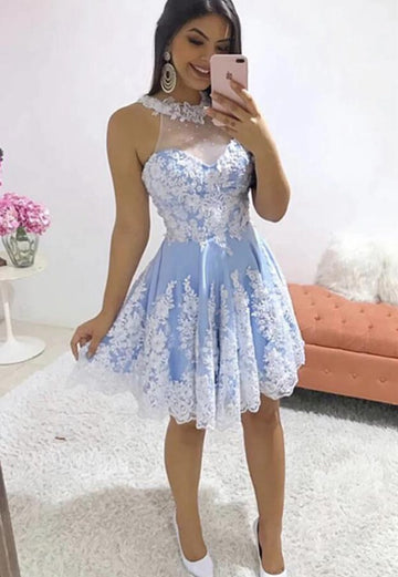 Light Blue Halter Lace Junior Short Prom Dress SHORT021