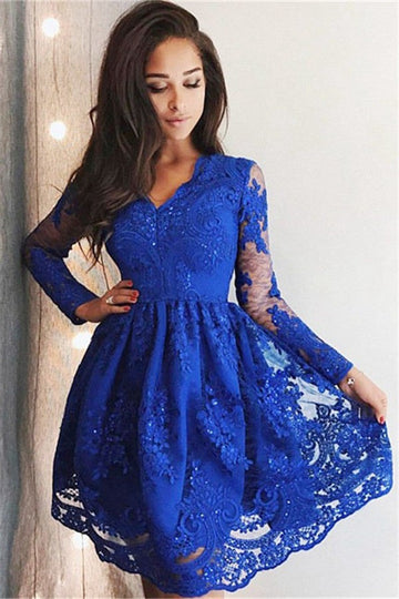 Blue Long Sleeve Teen Short Prom Dress SHORT036