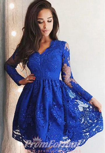 Blue Long Sleeve Teen Short Prom Dress SHORT036