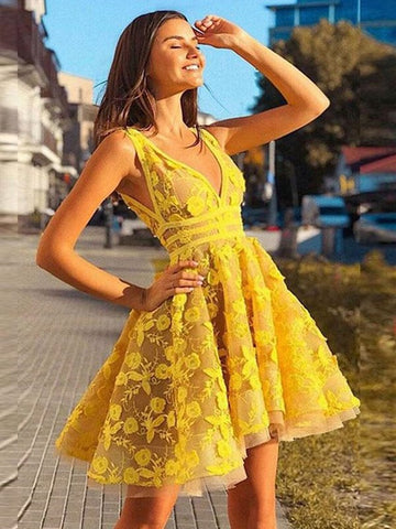 Yellow V Neck Junior Short Prom Dress SHORT049