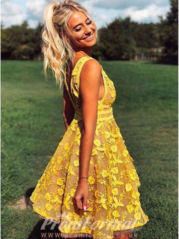 Yellow V Neck Junior Short Prom Dress SHORT049