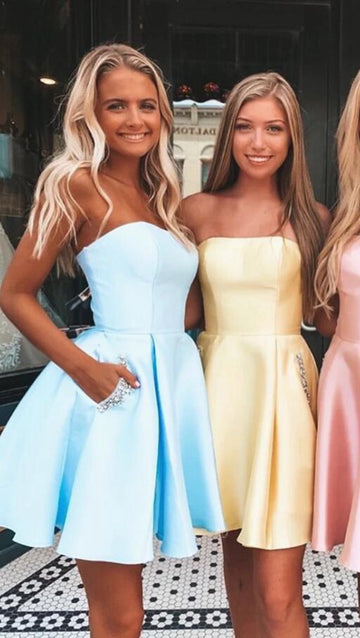 Yellow, Blue Short Junior Prom Dress with Pockets SHORT051