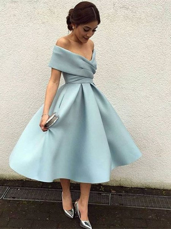 Light Blue Off The Shoulder Tea Length Prom Dress SHORT060 Light Blue Off The Shoulder Tea Length Prom Dress SHORT060
