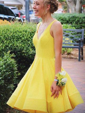Yellow V Neck Junior Short Prom Dress SHORT063