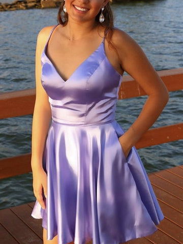 V Neck Short Purple Satin Junior Prom Dress SHORT089