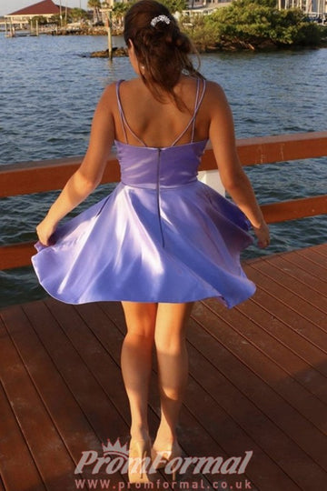 V Neck Short Purple Satin Junior Prom Dress SHORT089