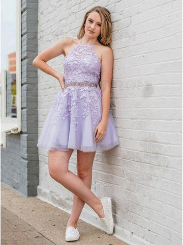 Halter Short Junior Purple Lace Prom Dress SHORT095