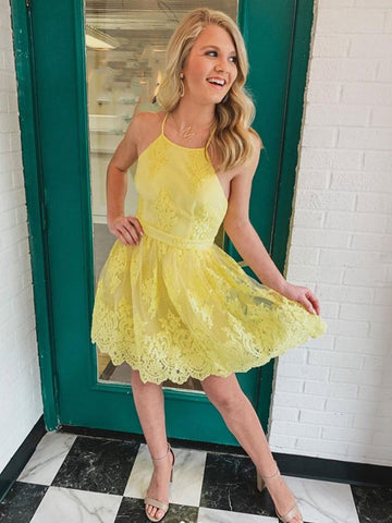 Short Yellow Lace Junior Homecoming Dress SHORT118