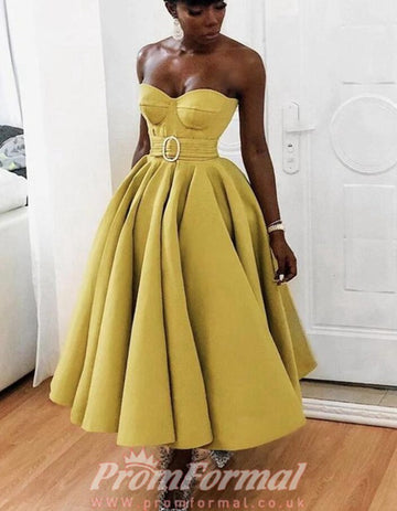 Sweetheart Tea Length Yellow Satin Prom Dress SHORT136