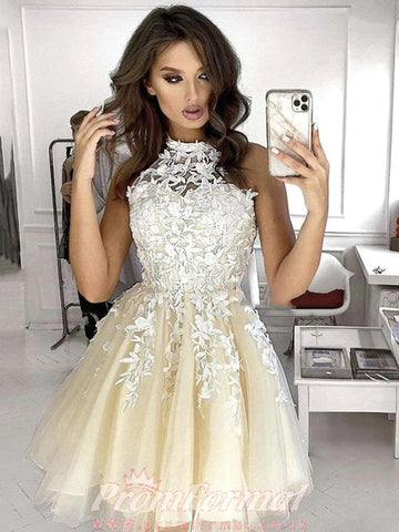 Yellow Halter Short Lace Junior Prom Dress SHORT140
