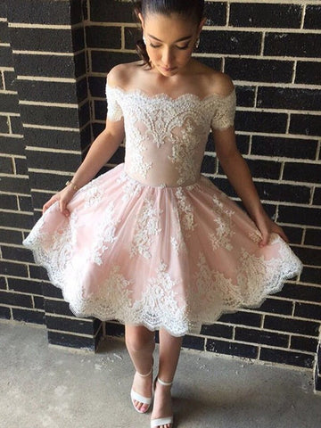 Off the Shoulder Short Pink Lace Junior Prom Dress SHORT145