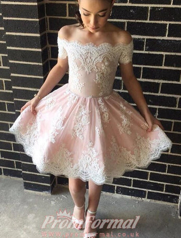 Off the Shoulder Short Pink Lace Junior Prom Dress SHORT145