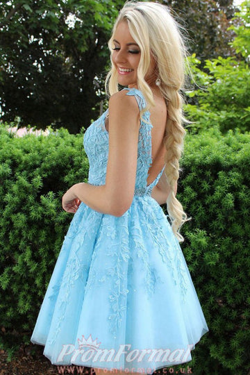 V Neck Short Blue Junior Lace Prom Dress SHORT151