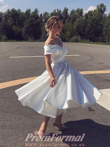 Satin Tea Length Off The Shoulder Short White Prom Dress SHORT153