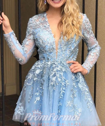 Long Sleeve Short Blue Lace Junior Prom Dress SHORT155
