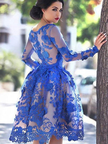 Long Sleeve Short Blue Lace Prom Dress SHORT184