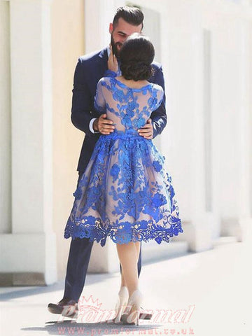 Long Sleeve Short Blue Lace Prom Dress SHORT184