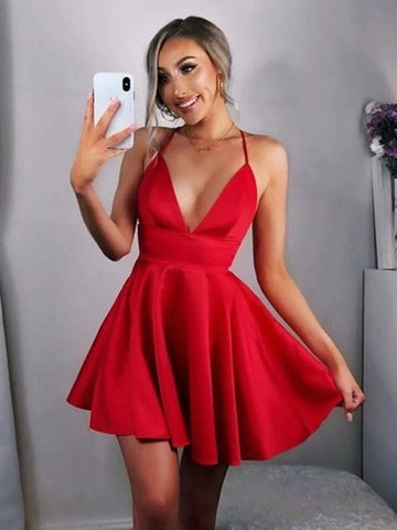 V Neck Short Red Teen Prom Dress SHORT185