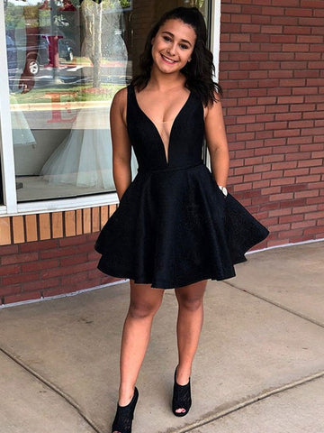 V Neck Short Black Teenager Prom Dress SHORT189